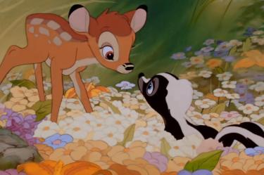 Caricatura de Bambi con zorrillo y flores en el bosque