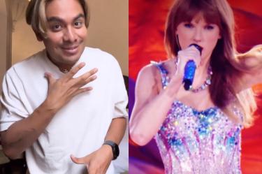 Ricardo Peralta con playera blanca y mano en pecho; Taylor Swift cantando en concierto