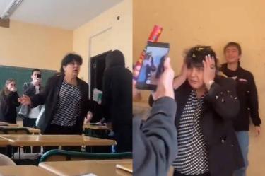 Maestra corriendo a separa a alumnos que se pelean solo para recibir sorpresa de cumpleaños.