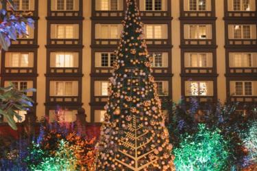 Árbol de Navidad adornado ilumina el patio central del lujoso hotel en la Ciudad de México, rodeado de luces y decoraciones festivas.