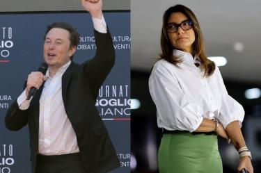 Elon Musk levantando el brazo y la primera dama de Brasil, Janja.