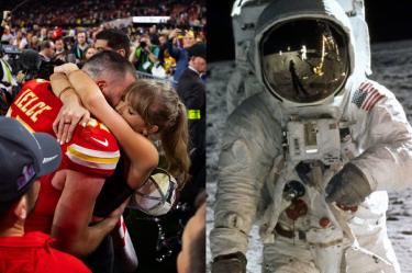 El ala cerrada de los Kansas City Chiefs, Travis Kelce (87), celebra con su novia Taylor Swift después de derrotar a los San Francisco 49ers en el Super Bowl LVIII en el Allegiant Stadium.