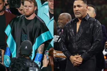 'Canelo' Álvarez y Óscar de la Hoya durante pelea en la T-Mobile Arena.