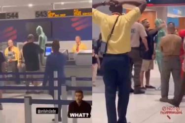 Hombre se envuelve en plástico para pasar como equipaje