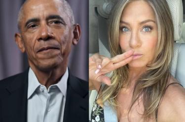 Barack Obama con traje y Jennifer Aniston con dedos en la boca