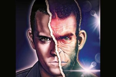Ilustración de Robbie Williams y un mono.