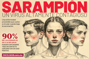 Ilustración editorial estilo grabado que representa al virus del sarampión y su transmisión aérea.