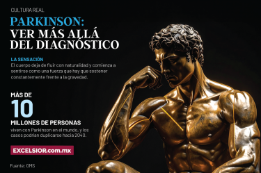 Escultura de bronce inspirada en El Pensador con iluminación dramática y líneas sutiles que marcan la tensión muscular en hombros y brazos sobre fondo negro.