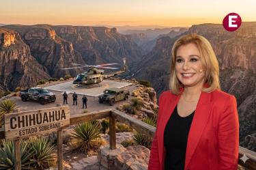 Paisaje montañoso de la sierra de Chihuahua mostrando una base táctica de seguridad y un letrero que dice Chihuahua Estado Soberano, en referencia al operativo en El Pinal.