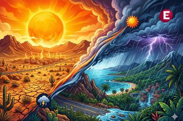 Ilustración conceptual dividida en diagonal representando el clima en México: el lado superior izquierdo muestra un sol ardiente y sequía, y el lado inferior derecho muestra una tormenta tropical con rayos y lluvia intensa.