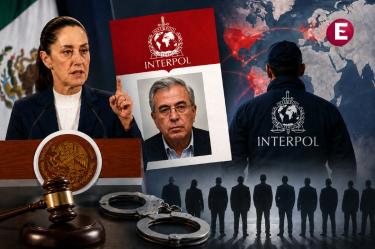 La presidenta Claudia Sheinbaum en conferencia de prensa junto a una infografía de la ficha roja de la Interpol contra Rubén Rocha Moya, buscado por narcotráfico.
