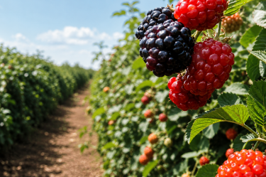 Zarzamoras maduras y en proceso de maduración crecen en un cultivo agrícola de berries bajo luz natural en México.