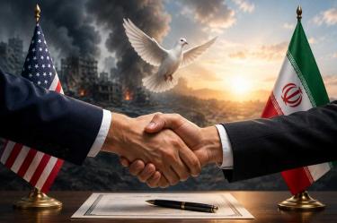 Ilustración sobre un posible acuerdo de paz entre EU e Irán.