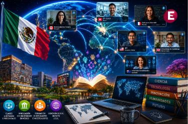 Académicos mexicanos en videollamadas internacionales conectados con universidades de México y símbolos de ciencia, tecnología e innovación.