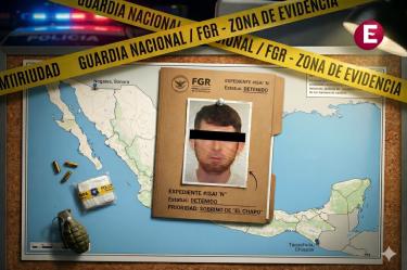 Tablero de investigación de la FGR con el expediente de Isai 'N', sobrino de El Chapo Guzmán, sobre un mapa de México que señala los operativos en Nogales, Sonora y Tapachula, Chiapas.