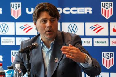 The US Men's National Team's (USMNT) head coach Argentine Mauricio Pochettino speaks during the announcement of the USMNT 2026 World Cup roster in New York, on May 26, 2026. (Photo by TIMOTHY A. CLARY / AFP)