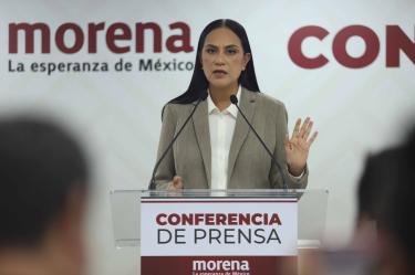 CIUDAD DE MÉXICO, 26MAYO2026.- Ariadna Montiel Reyes, dirigenta de MORENA, encabezó una conferencia de prensa en las instalaciones del partido.FOTO: GRACIELA LÓPEZ/CUARTOSCURO.COM