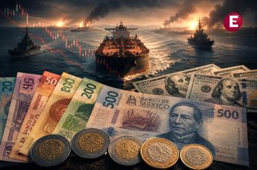Billetes y monedas mexicanas frente a dólares, buques petroleros y gráfica financiera descendente por tensión en el estrecho de Ormuz.