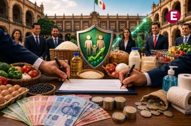 Acuerdo económico en México para estabilizar precios de la canasta básica, con alimentos, billetes y monedas mexicanas frente a Palacio Nacional.
