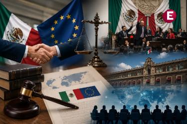 Banderas de México y la Unión Europea, símbolo de justicia, acuerdo bilateral y debate legislativo sobre Tribunal Especial en la Cámara de Diputados.