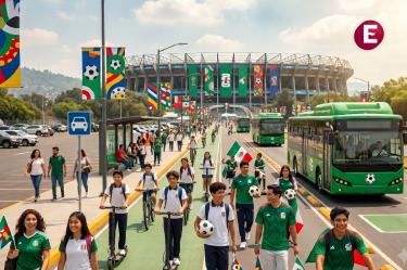 Estudiantes y aficionados al futbol usando transporte eléctrico y ciclovías cerca del Estadio Azteca en la CDMX por el Mundial 2026.