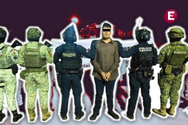 Fotografía de la detención de Gabriel "N", alias "El Gabito" o "El 80", jefe regional de Los Chapitos, custodiado por elementos del Ejército Mexicano, Guardia Nacional y Policía Estatal.