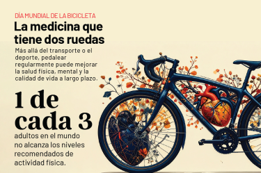Ilustración editorial de una bicicleta construida a partir de elementos relacionados con la salud, como un corazón, pulmones y líneas de electrocardiograma.