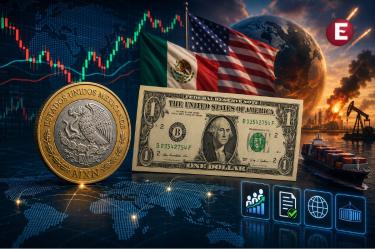 Moneda mexicana y billete de dólar frente a gráficos financieros, banderas de México y Estados Unidos, comercio marítimo y tensión geopolítica.