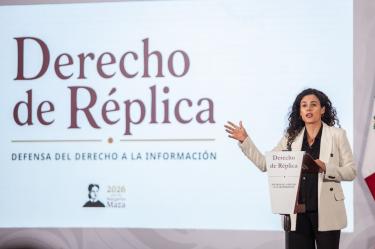 CIUDAD DE MÉXICO, 03JUNIO2026.- Luisa María Alcalde Luján, consejera jurídica del Ejecutivo Federaldurante la inauguración de la conferencia Derecho de réplica que se llevará a cabo cada jueves a las 17:00 horas en Palacio Nacional.FOTO: ANDREA MURCIA /CUARTOSCURO.COM