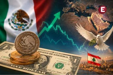 Moneda mexicana sobre billete de dólar con gráfica al alza, mapa de Medio Oriente, paloma de paz y bandera de Líbano