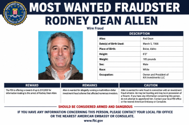 Cartel oficial del FBI que incluye a Rodney Dean Allen como Most Wanted Fraudster, acusado de fraude financiero en Idaho y desaparecido en 2017.