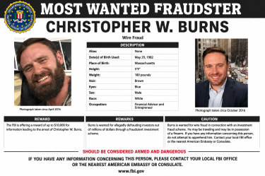 Cartel de búsqueda del FBI con fotografías de Christopher W. Burns e información sobre la investigación por presunto fraude financiero.