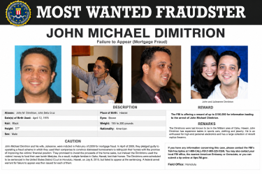 Imagen difundida por el FBI con datos y fotografías de John Michael Dimitrion, acusado de fraude hipotecario y prófugo desde 2010 junto a su esposa.