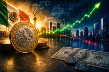 Moneda mexicana con la leyenda Estados Unidos Mexicanos frente a un dólar estadounidense, gráficas financieras al alza y skyline urbano que representan la apreciación del peso mexicano.