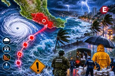 Imagen editorial de la tormenta tropical Boris acercándose a las costas de Guerrero, con trayectoria sobre el Pacífico, lluvias intensas, oleaje elevado y condiciones de riesgo en Acapulco.