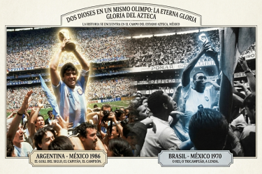 Diego Maradona (1986) y Pelé (1970) levantando la Copa del Mundo en el Estadio Azteca; las dos leyendas que serán homenajeadas en la inauguración del Mundial 2026.
