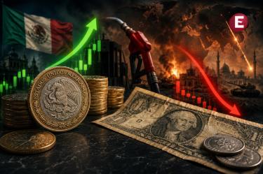 Monedas mexicanas con leyenda Estados Unidos Mexicanos frente a un dólar, gráficos financieros, gasolina y tensión geopolítica en Medio Oriente.