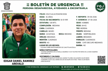 Ficha de búsqueda de Edgar Daniel Ramírez Arevalo emitida por la FGJEM tras su desaparición en Cuautitlán Izcalli.