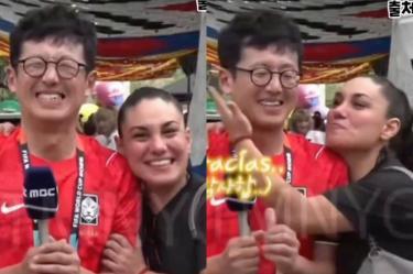 Aficionada le roba beso a periodista de Corea del Sur en el marco del Mundial 2026.