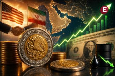 Imagen editorial sobre el avance del peso mexicano frente al dólar, impulsado por mayor apetito global por riesgo, expectativas de paz entre Estados Unidos e Irán y caída en los precios del petróleo.