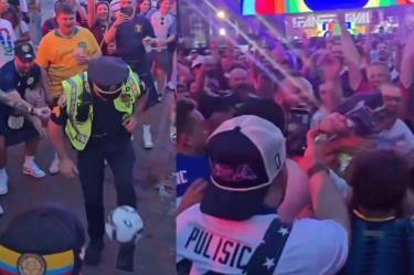 Durante el Fan Fest de Boston, policía domina el balón y se gana el abrazo de decenas de aficionados.