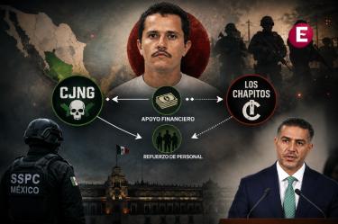 Composición editorial con Omar García Harfuch, El Mencho, mapa de México, símbolos del CJNG y Los Chapitos, dinero y elementos de seguridad que representan la alianza criminal revelada por el Gobierno federal.