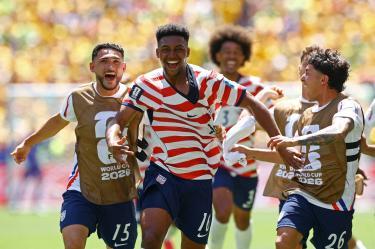Soccer Football - FIFA World Cup 2026 - Group D - United States v Australia - Seattle Stadium, Seattle, Washington, U.S. - June 19, 2026 Alex Freeman of the U.S. celebrates scoring their second goal with Cristian Roldan and Alex Zendejas REUTERS/Albert Gea TPX IMAGES OF THE DAY