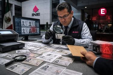 Funcionario del INE revisa credenciales de elector y fotocopias en una investigación por afiliaciones irregulares de organizaciones políticas.