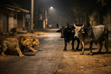 Los cuatro animales permanecieron frente a frente durante varios segundos antes de que los leones se retiraran.
