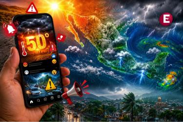 Celular con alertas falsas sobre una canícula de 50 grados y tormentas extremas frente a un mapa de México con lluvias, calor y actividad ciclónica.
