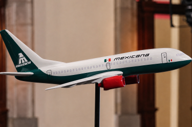 Modelo a escala de un avión de Mexicana de Aviación con los colores institucionales, exhibido sobre un soporte durante un evento.