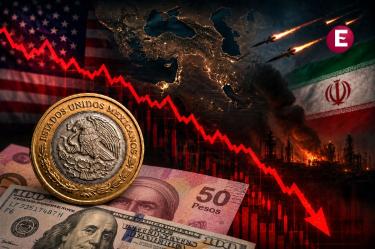 Moneda y billete de 50 pesos junto a un billete de dólar, con gráfica a la baja y tensión entre Estados Unidos e Irán