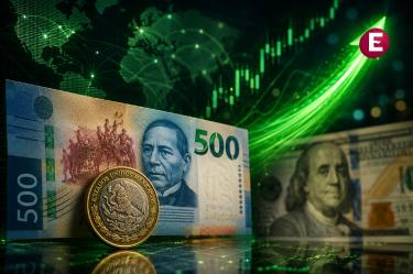 Billete y moneda mexicanos frente a un dólar con una gráfica verde ascendente que representa la apreciación del peso mexicano.