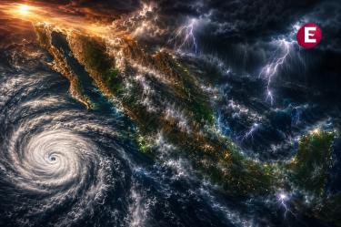Vista satelital de México bajo intensas tormentas eléctricas y un ciclón tropical en el océano Pacífico.